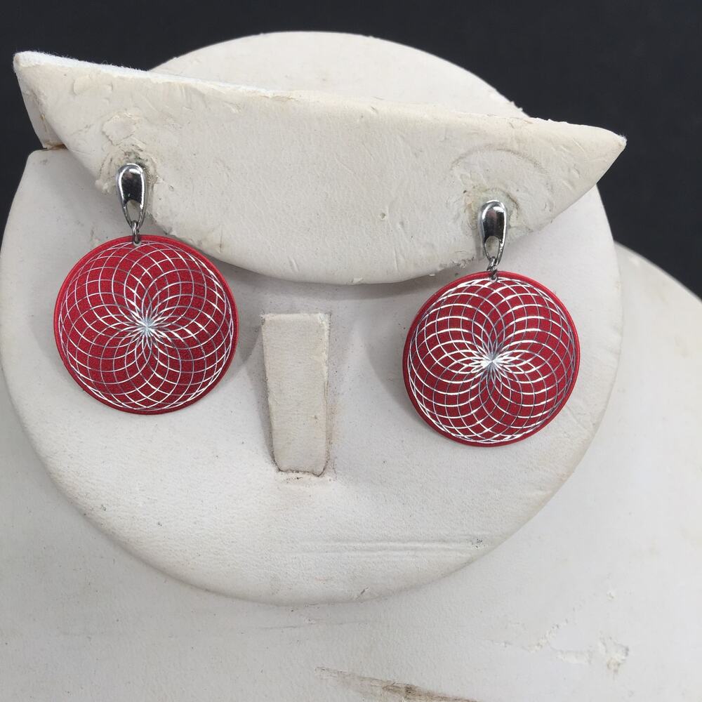 Vintage Red Discs Spirographs Round Pierced Earring Costume Jewelry Y2K